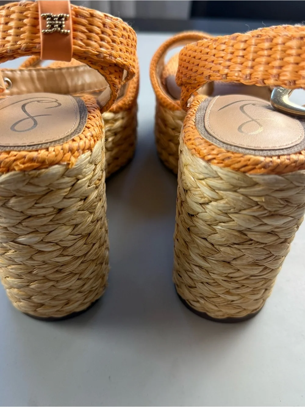 Sam Edelman April Raffia Platform Wedge Espadrille Sandals Marigold Orange 7.5